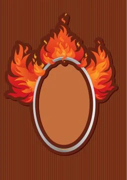 Oval frame with spurts of flame on stripe dark background Stock Illustration