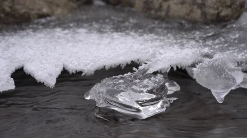Oval icicle in a stream Stock Footage 86480069
