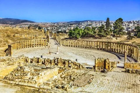 Oval Plaza 160 Ionic Columns Ancient Roman City Jerash Jordan Stock Photos