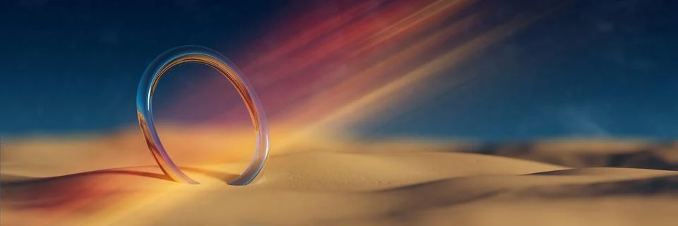 Oval ring shape on sand in desert. Orange and red light effect and blurred st Stock Illustration