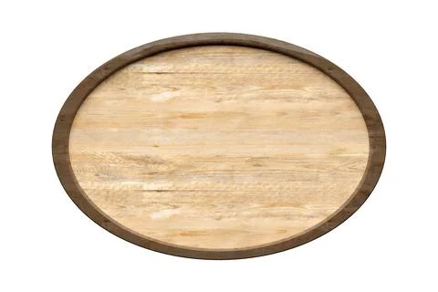 Oval round empty, blank wood sign, board or plaque with dark wood frame isola Illustrazione stock