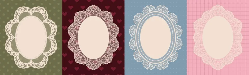 Oval scallop lace border frames. Wedding invitation set with vintage elegan.. Stock Illustration