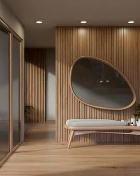 Oval shape mirror on wall over a wooden cushion bench with essentials at sp.. Stock Illustration