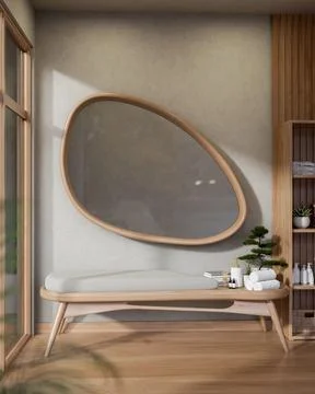 Oval shape mirror on wall over a wooden bench with towels and essentials at.. Stock Illustration