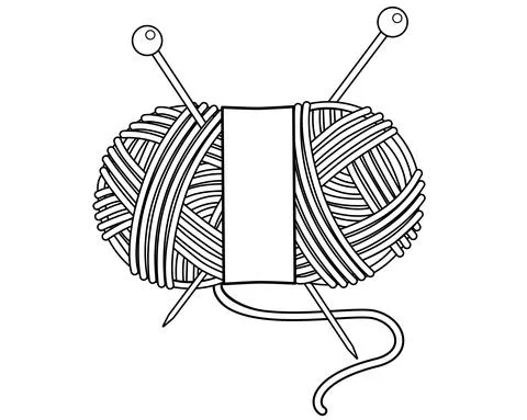 Oval skein of knitting thread with knitting needles and label - vector linear 스톡 일러스트