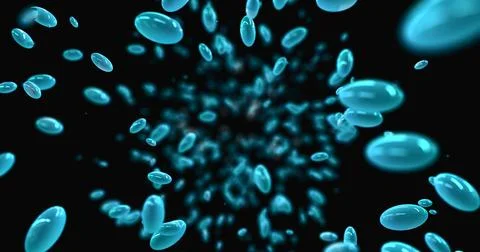 Oval turquoise capsules float in zero gravity. Camera movement through many oval Illustrazione stock
