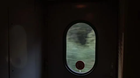 Oval window on A train door shows A fast-moving forest. Green scenery blurs past Stock Footage 320605856