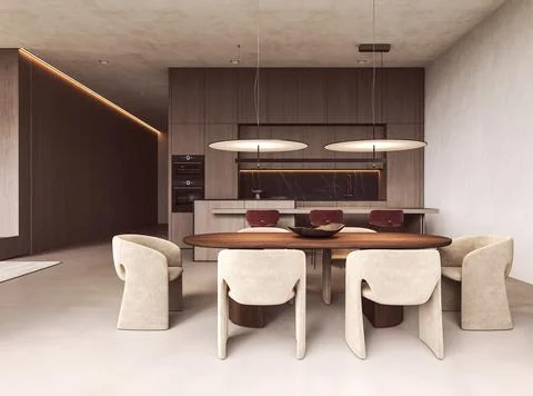 Oval wooden dining table and chunky beige chairs in modern scandinavian Stock-Illustration