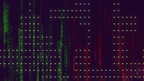 Ovals and left streaks starting green or red code streams cascading over dot Stock Footage 334729048