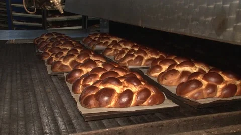The oven in the bakery. Hot fresh bread leaves the industrial oven in a bakery.  Stock Footage 169050311