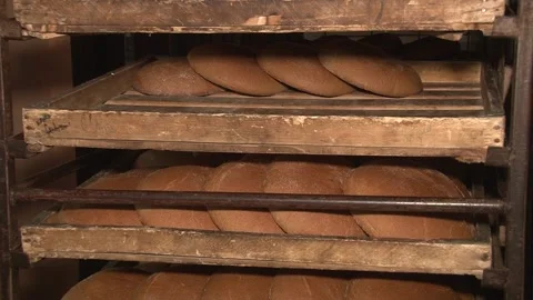 The oven in the bakery. Hot fresh bread leaves the industrial oven in a bakery.  Stock Footage 169050332