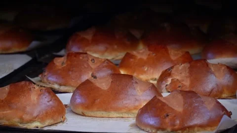 The oven in the bakery. Hot fresh bread leaves the industrial oven in a bakery. Stock Footage 223909233