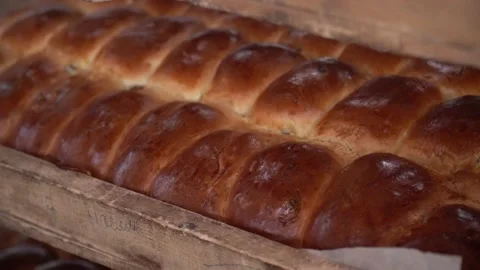 The oven in the bakery. Hot fresh bread leaves the industrial oven in a bakery. Stock Footage 223910759