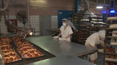 The oven in the bakery. Hot fresh bread leaves the industrial oven in a bakery. Stock Footage 230493587