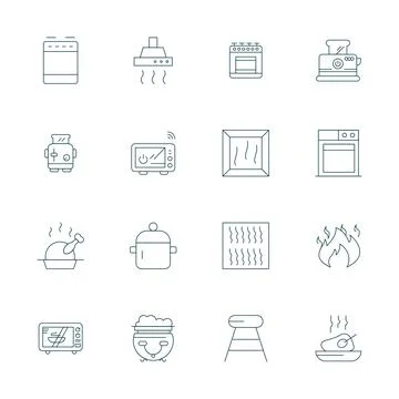 Oven Essential Vector Set including 16 PIXEL Perfect Thin Line High Resolut.. Stock Illustration