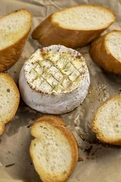 Oven-fried round soft white cheese in a mold with pieces of crispy baguette w Stock Photos
