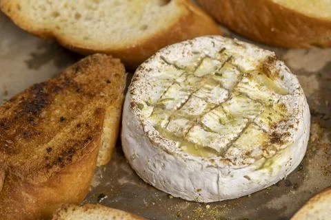 Oven-fried round soft white cheese in a mold with pieces of fried baguette .. Stock Photos
