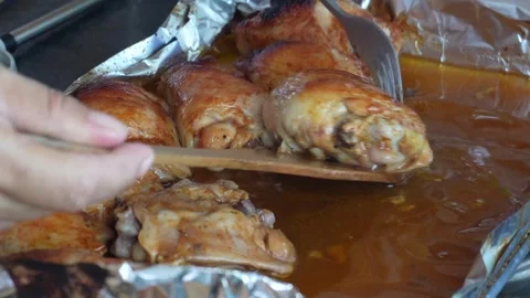 Oven Roasted Chicken Close Up. Close up shot of oven roasted chicken on a yacht. Stock Footage 315879342