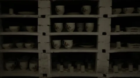 Oven roasting dishes. Inside there is a wooden rack with burnt dishes. Video stock 130526433