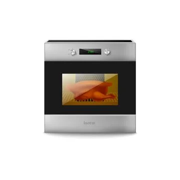 Oven with turkey baking behind closed door, 3D vector illustration isolated. Stock Illustration
