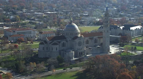 Over the Basilica of the National Shrine of the Immaculate Conception in Stock Footage 59209442