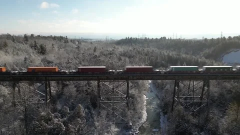 Over the bridge. A freight train in winter in Northern Pickering Ontario Stock Footage 244730781