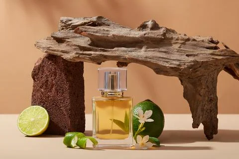 Over a brown background with shadow, a perfume transparent bottle displayed w Fotos Stock