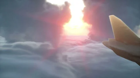 Over clouds aerial view. flying military jet plane. Wonerfull sunset. Realistic  Stock Footage 70786064