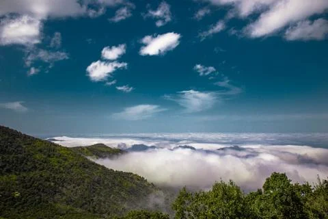 Over the clouds blue sky and green forst Stock Photos