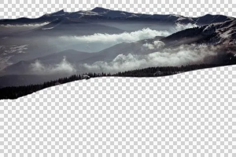 Over clouds mountain peaks and forests isolated PNG photo Stock-Fotos