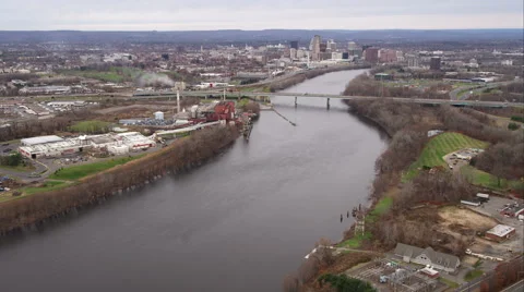 Over Connecticut River, approaching Hartford, Connecticut. Shot in November Stock Footage 59168600