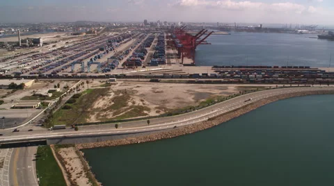 Over a container terminal in Los Angeles Harbor. Shot in 2010. Stock Footage 59107860