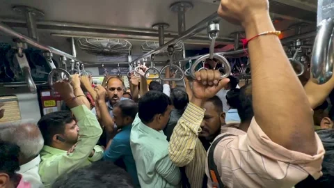 Over crowded train during morning rush hour. Slow motion 4K Stock Footage 255993795