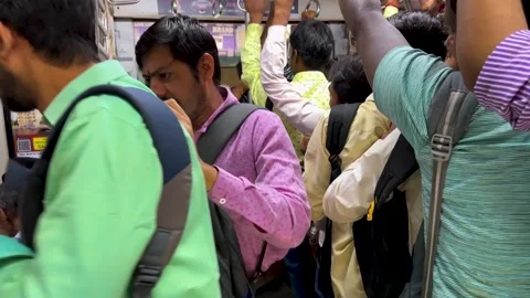 Over crowded train during morning rush hour. Slow motion 4K Stock Footage 255993807