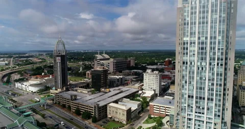 Over the Downtown Mobile skyline Stock Footage 201283994