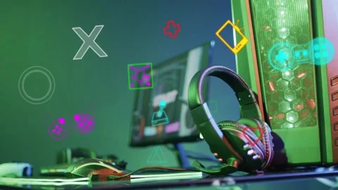 Over-ear headset staying sharp neon icons popping left grouping camera shifting Stock Footage 334884120