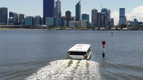 Over Ferry towards Perth City Drone shot Stock Footage