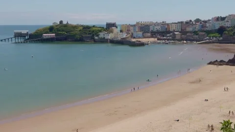 Over looking Tenby North Beach towards Tenby Harbour. Stock Footage 282188635