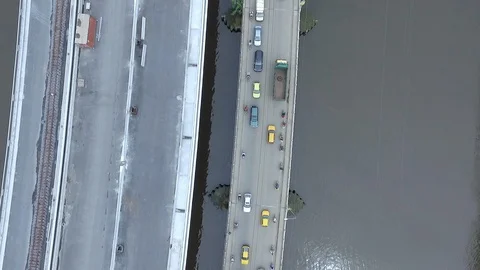 Over new Douala bridge under construction Stock Footage 87119468