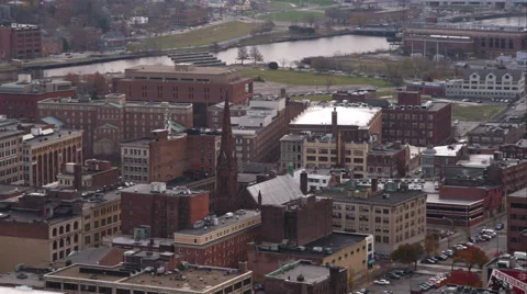 Over older area of Providence, Rhode Island, past historic Grace Church. Shot in Stock Footage 59165567