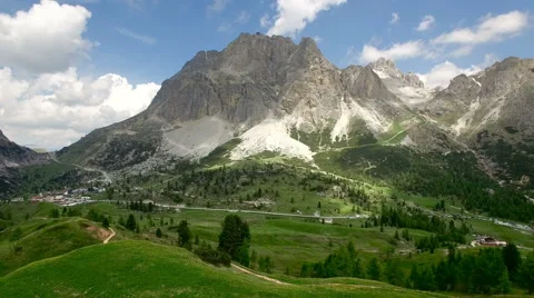 Over Passo Falzarego,view on Sass de Stria and Lagazuoi pikes Stock Footage