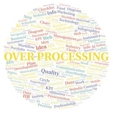 Over Processing typography word cloud create with the text only. Illustrazione stock