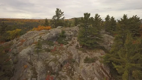 Over rock bluff to forest and big hill Stock Footage 100127082