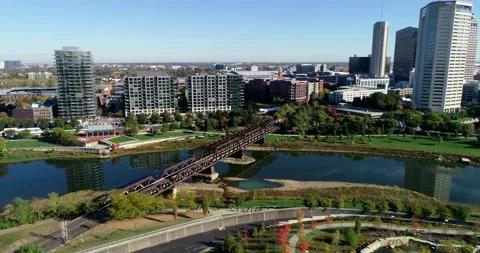 Over the Scioto River towards downtown Columbus Stock Footage 146826890