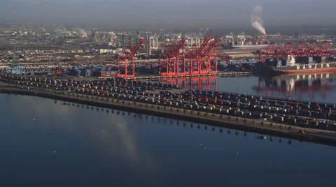 Over shipping yards with loading cranes in background at Port of Long Beach, 스톡 동영상 59113564