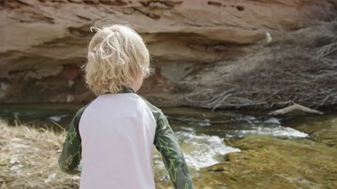 Over the shoulder 3 year old boy throws rock into river, stream, Escalante Utah Stock Footage 248581535