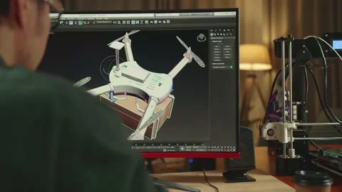Over The Shoulder Asian Engineer Working On Personal Computer And 3D Printer Stock Footage 158107011