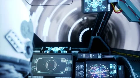 A Over the shoulder astronaut working controls aboard spacecraft hyper speed Video stock 155302335