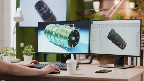 Over the shoulder shot of 3D designer working on new wind turbine prototypes Stock Footage 111522043