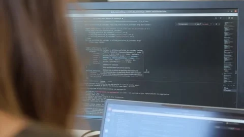 Over the shoulder shot of a software engineering typing code on a programme Stock Footage 282350589